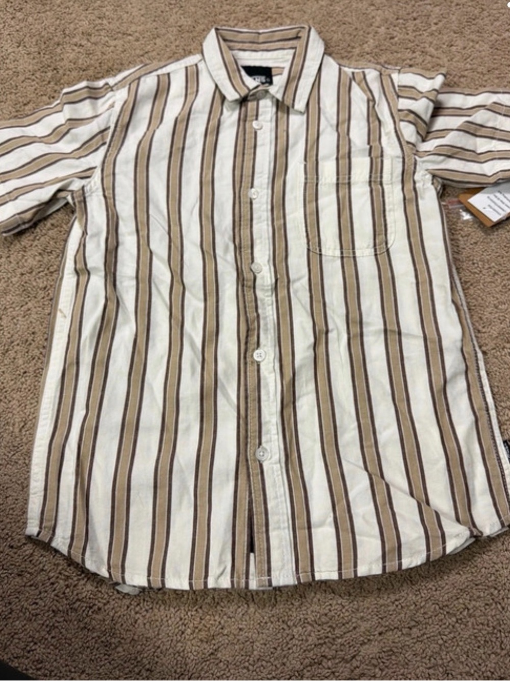 Youth Short-Sleeve Stripe Button-Up Shirt - Cream & Brown